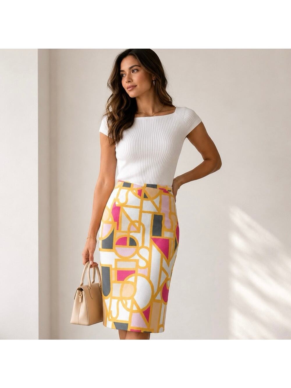 Raoul Geometric Textured Pencil Skirt US 10 Pink Yellow White